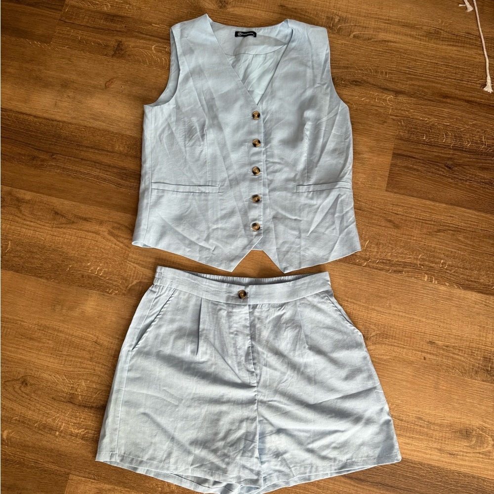 Light Blue Button-Up Vest and Shorts Set